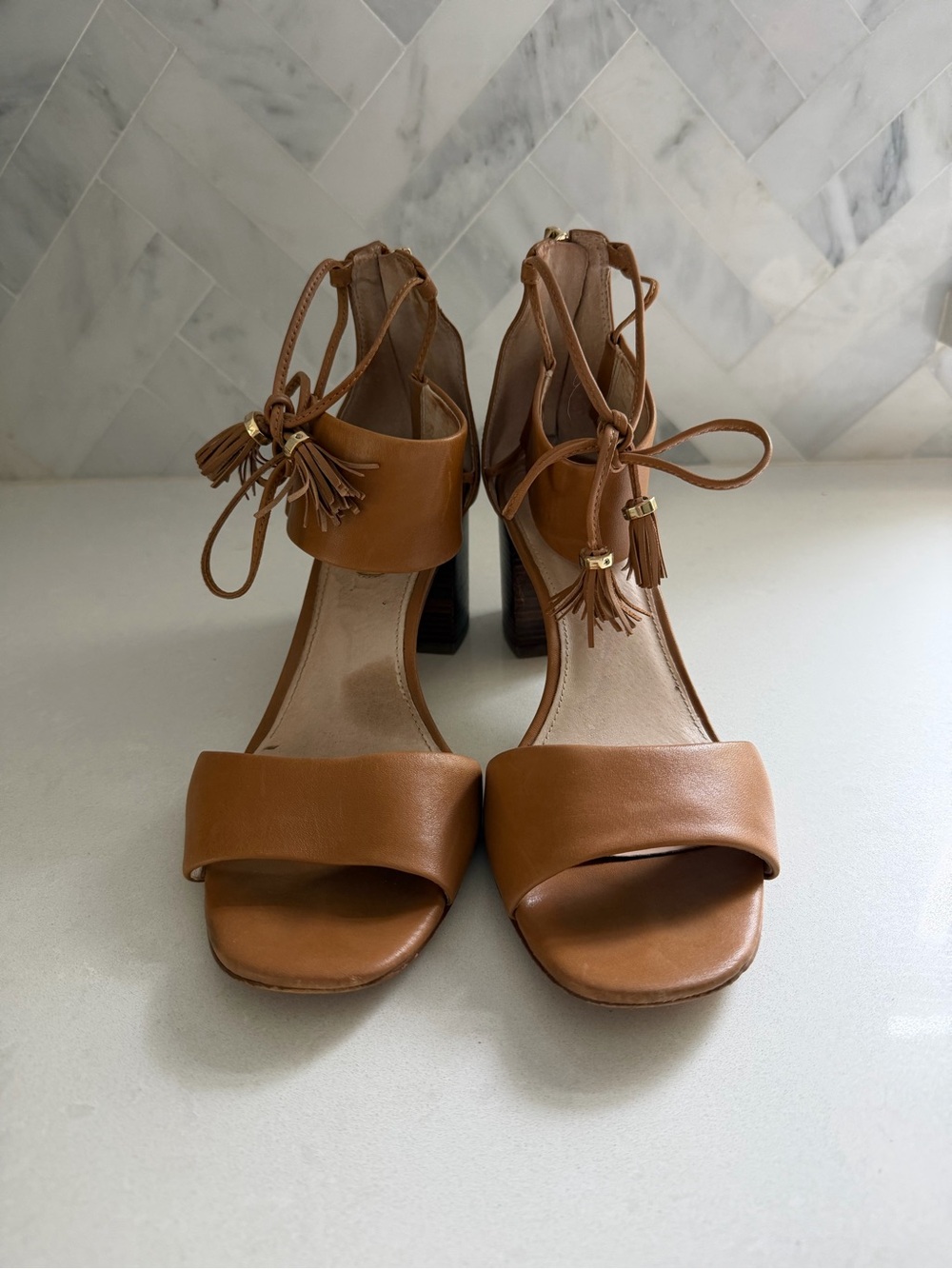 Louise et Cie Ankle-Tie Heeled Sandals in Tan